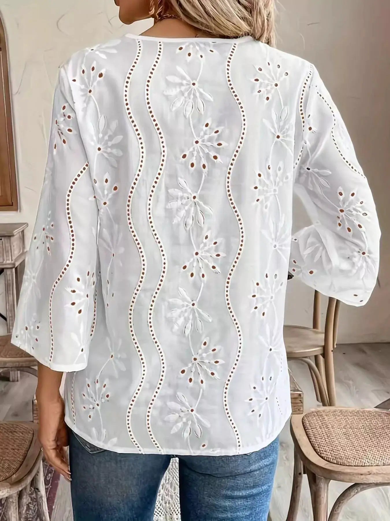 Full Size Embroidered Eyelet Long Sleeve Blouse Plus Size by Trendsi