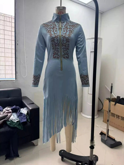 Full Size Embroidered Fringed Zip Front Maxi Dress Plus Size - Bitsy Gypsy Boutique
