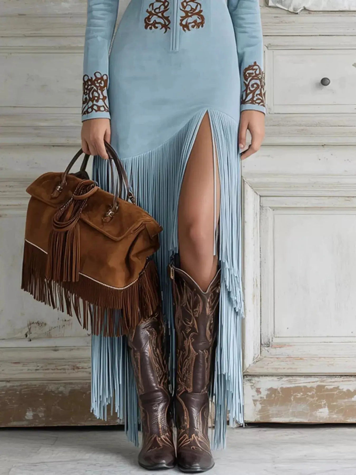 Full Size Embroidered Fringed Zip Front Maxi Dress Plus Size - Bitsy Gypsy Boutique
