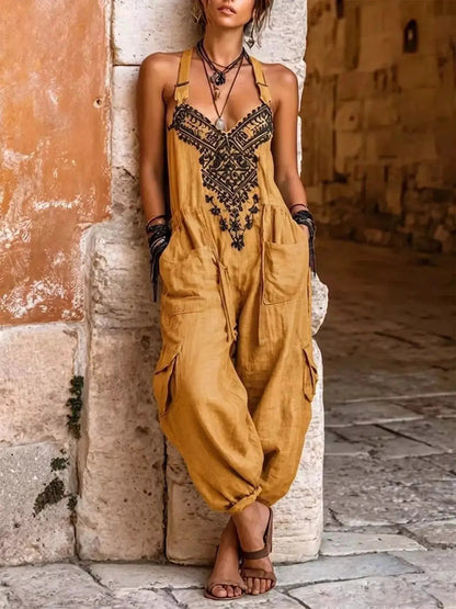 Full Size Embroidered Sleeveless Jumpsuit with Cargo Pockets Plus Size - Bitsy Gypsy Boutique