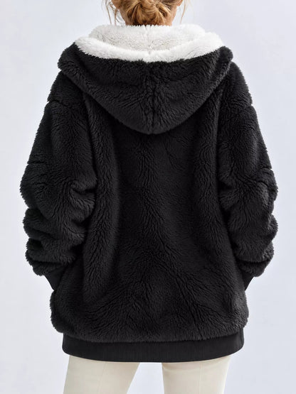 Full Size Faux Fur Zip Up Hooded Outerwear Plus Size - Bitsy Gypsy Boutique