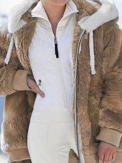 Full Size Faux Fur Zip Up Hooded Outerwear Plus Size - Bitsy Gypsy Boutique