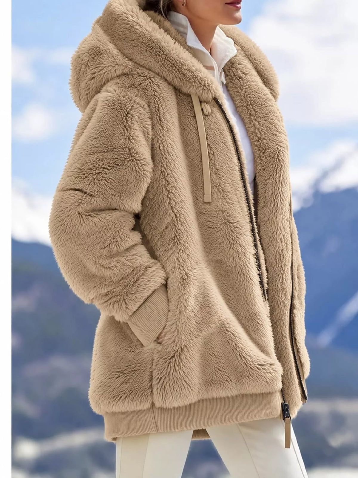 Full Size Faux Fur Zip Up Hooded Outerwear Plus Size - Bitsy Gypsy Boutique