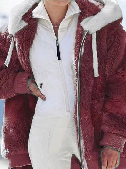 Full Size Faux Fur Zip Up Hooded Outerwear Plus Size - Bitsy Gypsy Boutique