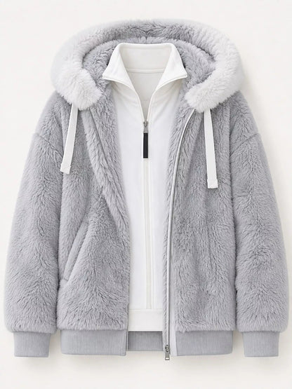 Full Size Faux Fur Zip Up Hooded Outerwear Plus Size - Bitsy Gypsy Boutique