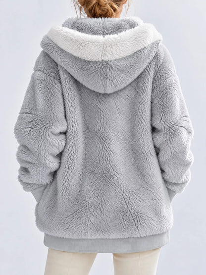 Full Size Faux Fur Zip Up Hooded Outerwear Plus Size - Bitsy Gypsy Boutique