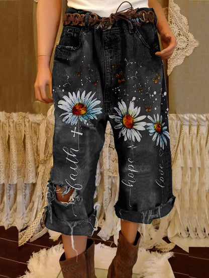 Full Size Floral Distressed Cropped Jeans Plus Size - Bitsy Gypsy Boutique