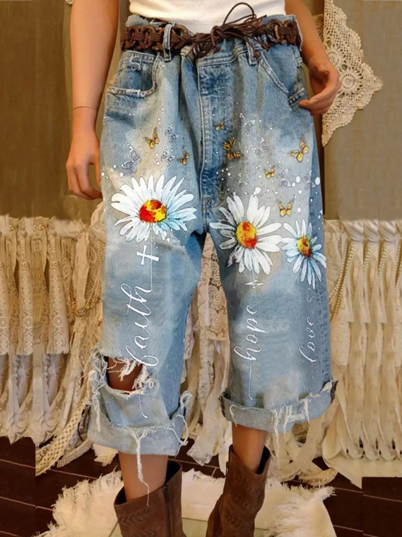 Full Size Floral Distressed Cropped Jeans Plus Size - Bitsy Gypsy Boutique