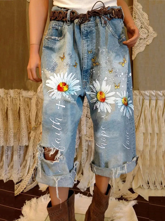 Full Size Floral Distressed Cropped Jeans Plus Size - Bitsy Gypsy Boutique