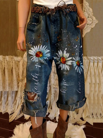 Full Size Floral Distressed Cropped Jeans Plus Size - Bitsy Gypsy Boutique