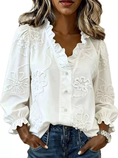 Full Size Floral Embroidered Ruffle V-Neck Blouse Plus Size - Bitsy Gypsy Boutique