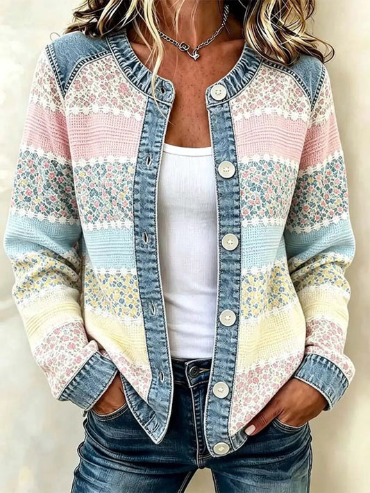 Full Size Floral Patchwork Denim Trim Jacket Plus Size - Bitsy Gypsy Boutique