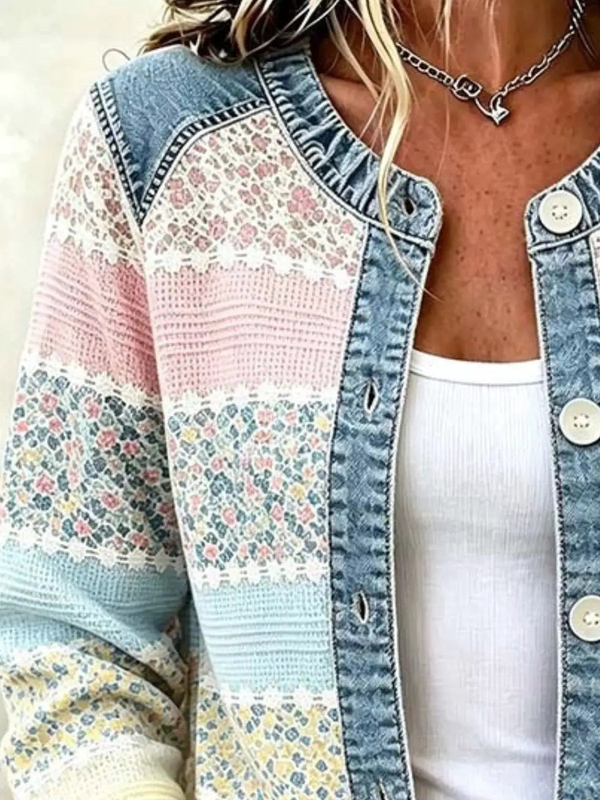 Full Size Floral Patchwork Denim Trim Jacket Plus Size - Bitsy Gypsy Boutique