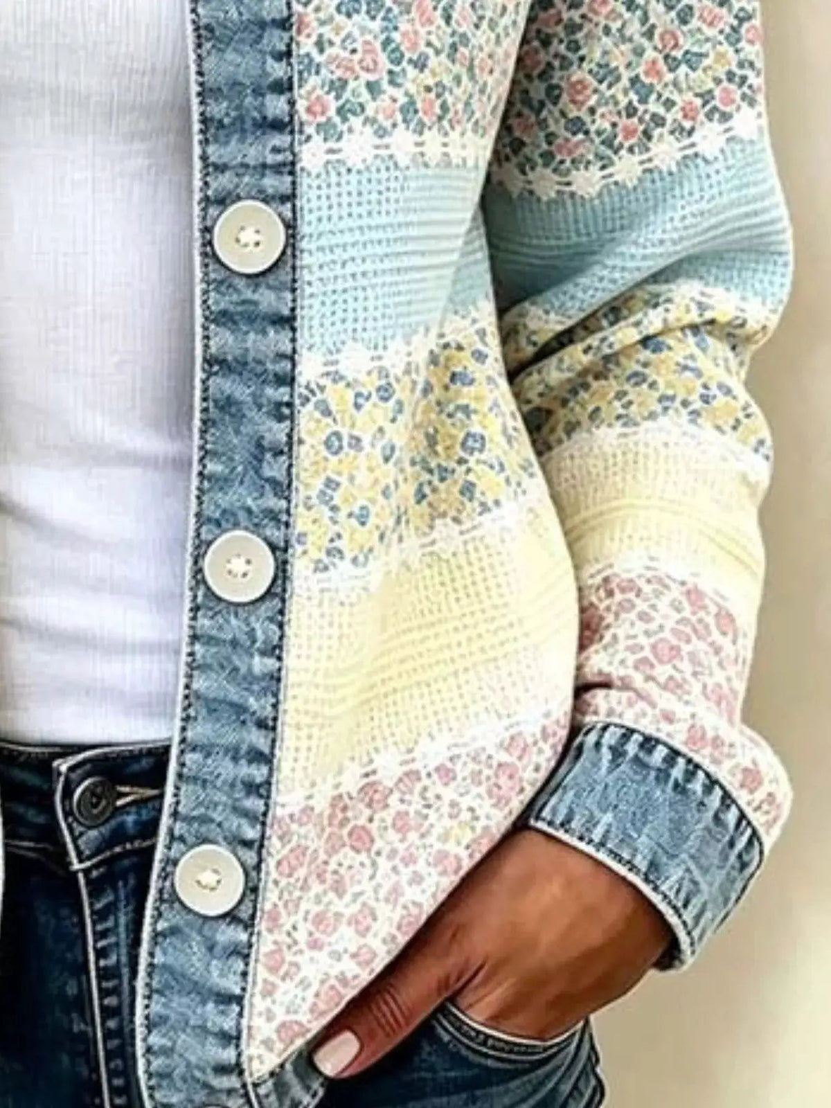 Full Size Floral Patchwork Denim Trim Jacket Plus Size - Bitsy Gypsy Boutique