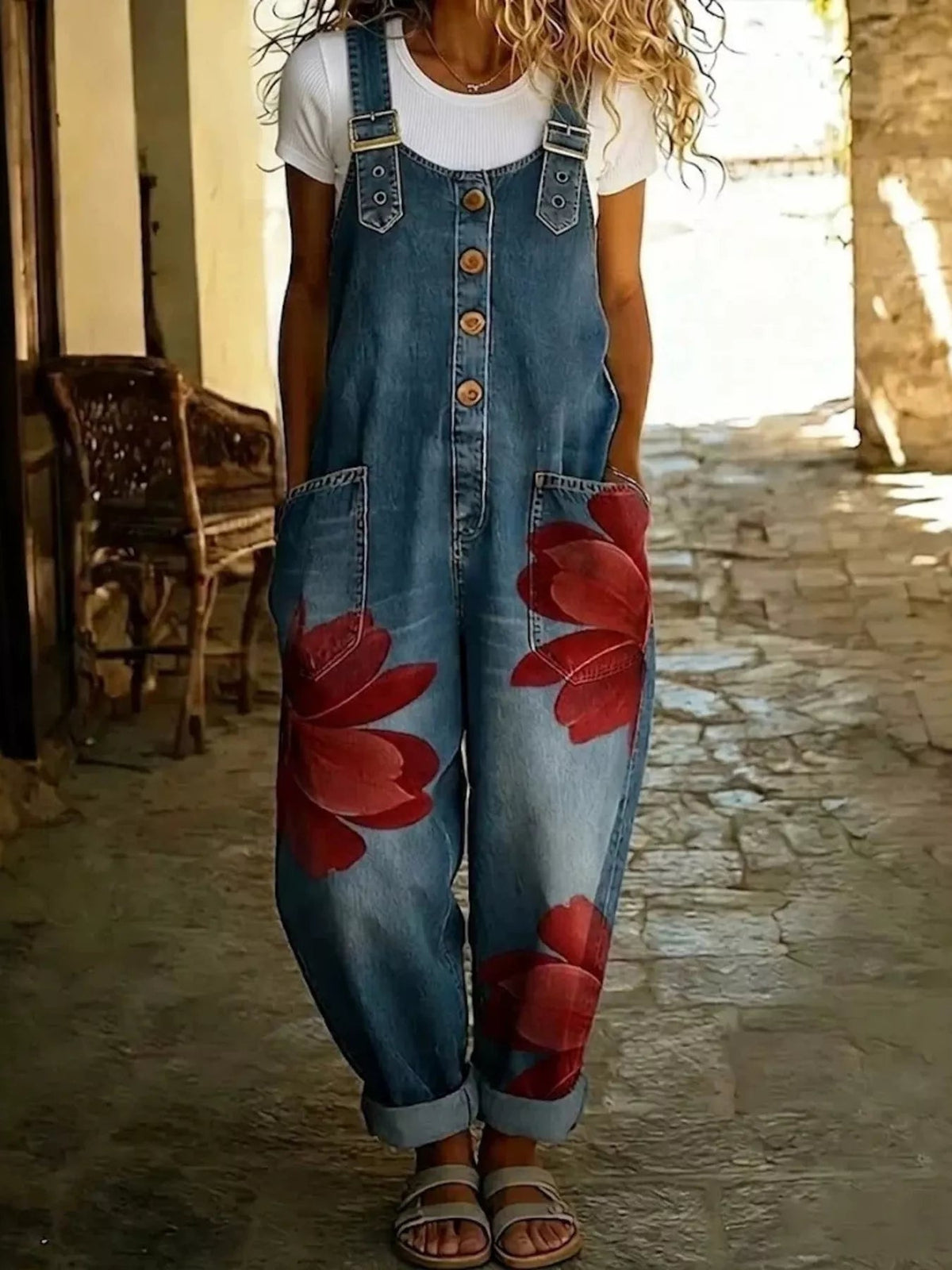 Full Size Floral Print Button Front Overalls Plus Size - Bitsy Gypsy Boutique