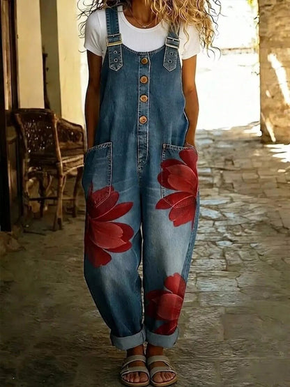 Full Size Floral Print Button Front Overalls Plus Size - Bitsy Gypsy Boutique