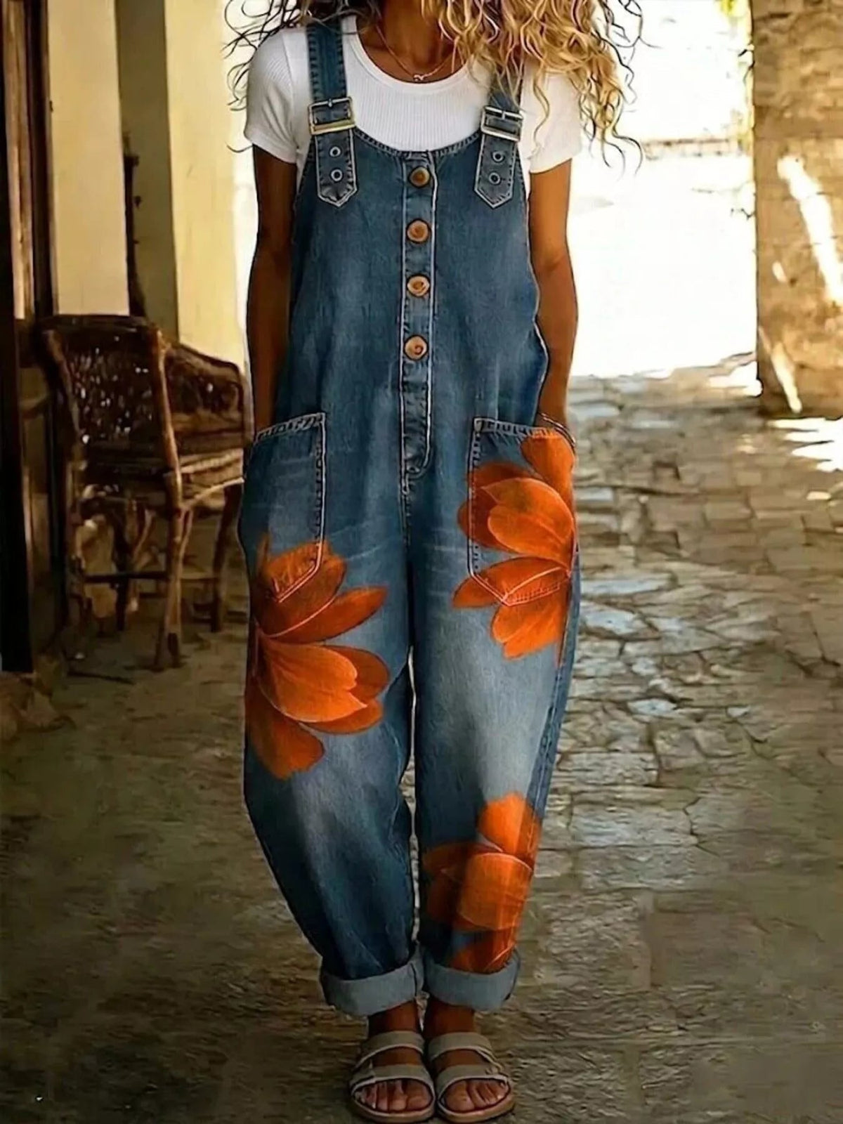 Full Size Floral Print Button Front Overalls Plus Size - Bitsy Gypsy Boutique