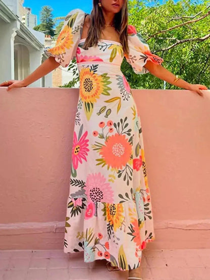 Full Size Floral Print Puff Sleeve Maxi Dress Plus Size - Bitsy Gypsy Boutique