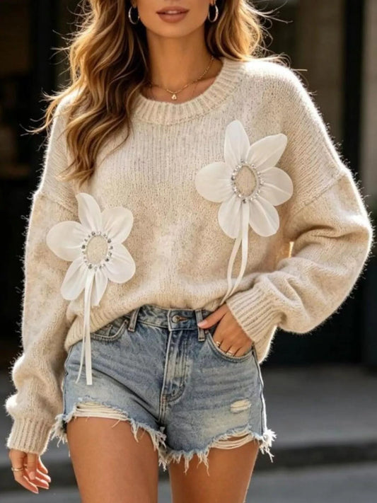 Full Size Flower Dropped Shoulder Sweater Plus Size - Bitsy Gypsy Boutique