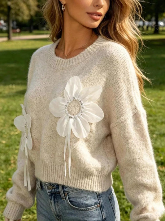 Full Size Flower Dropped Shoulder Sweater Plus Size - Bitsy Gypsy Boutique