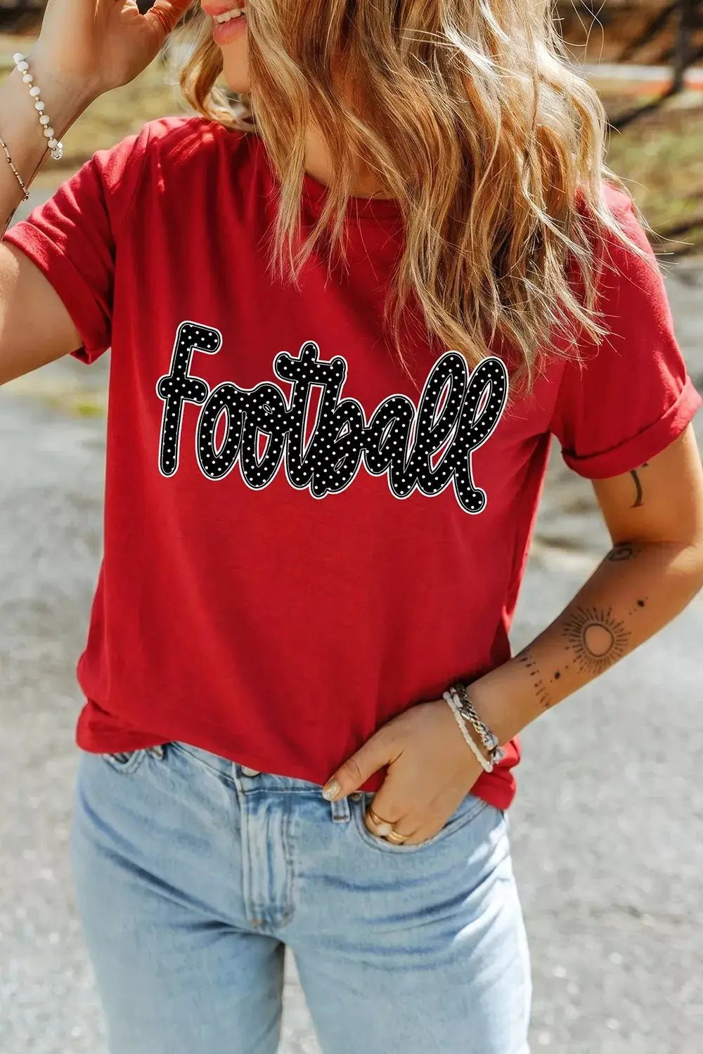 Full Size Football Polka Dot Letter Graphic Game Day T Shirt Plus Size - Bitsy Gypsy Boutique