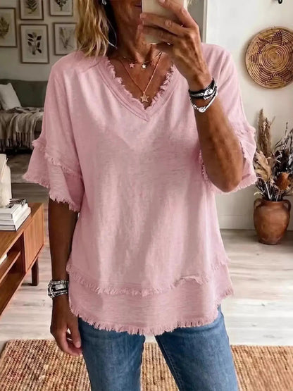 Full Size Frayed Edge V-Neck Blouse Plus Size - Bitsy Gypsy Boutique
