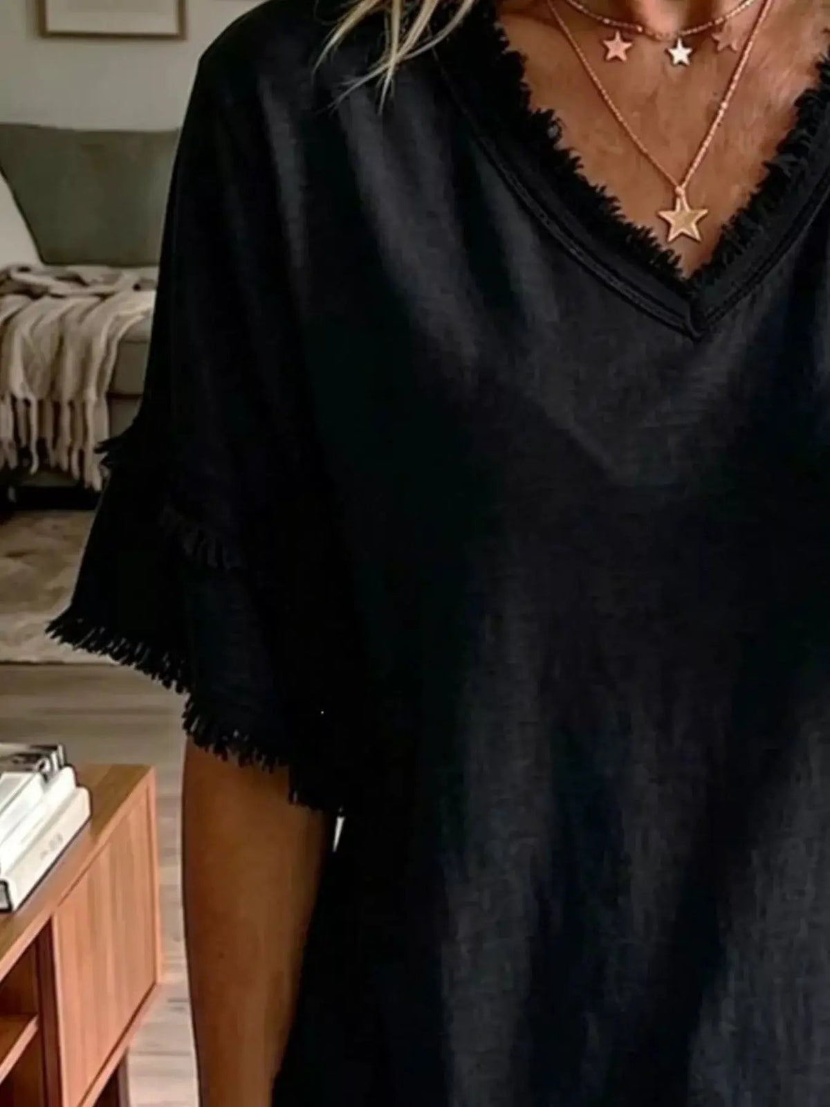 Full Size Frayed Edge V-Neck Blouse Plus Size - Bitsy Gypsy Boutique
