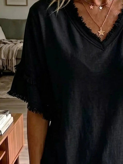 Full Size Frayed Edge V-Neck Blouse Plus Size - Bitsy Gypsy Boutique