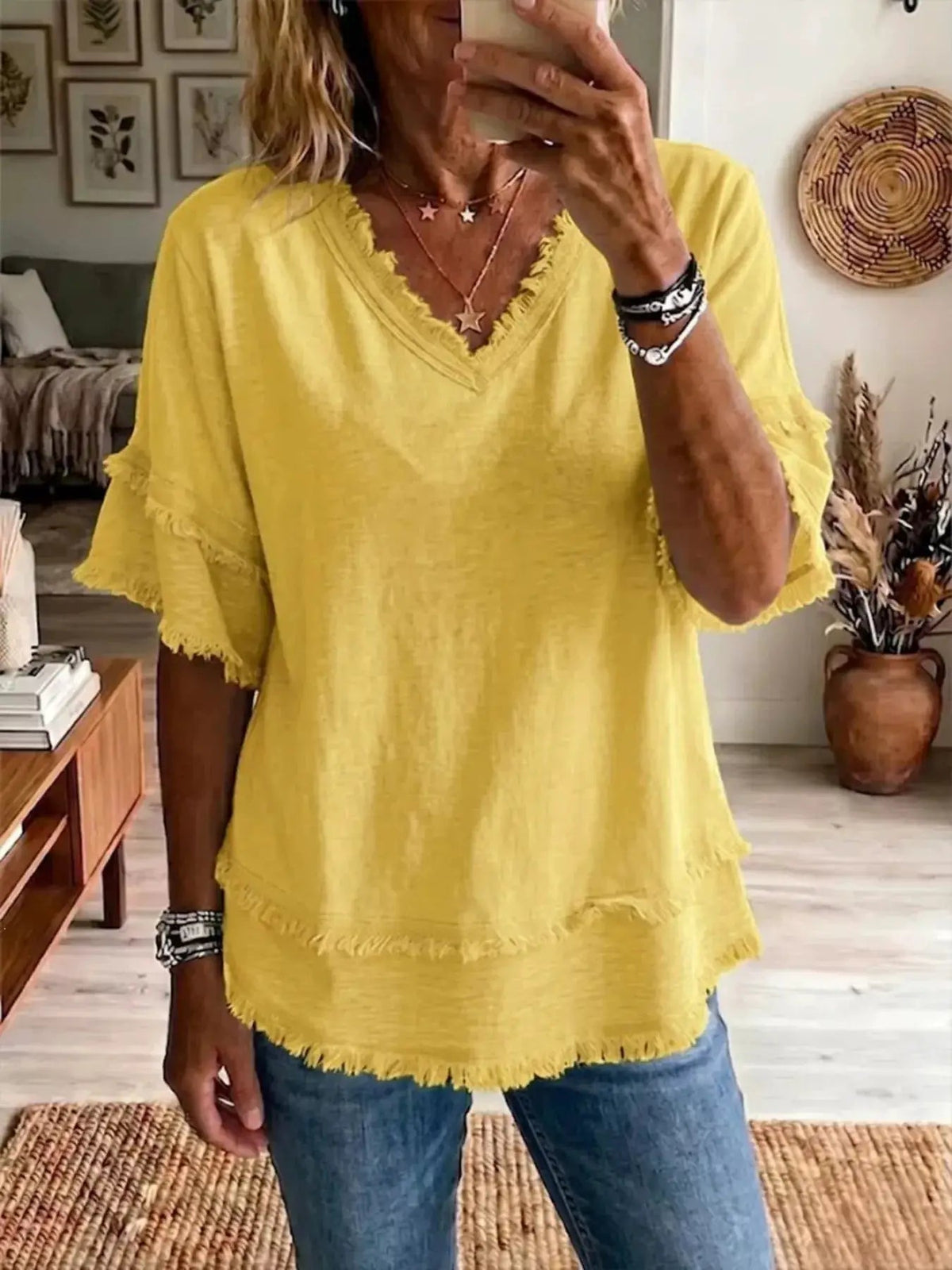 Full Size Frayed Edge V-Neck Blouse Plus Size - Bitsy Gypsy Boutique