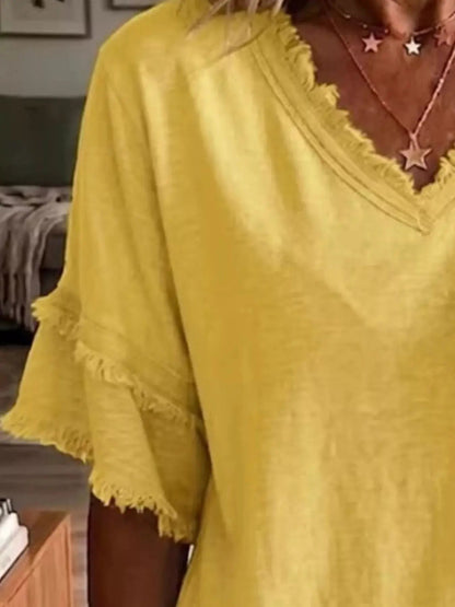Full Size Frayed Edge V-Neck Blouse Plus Size - Bitsy Gypsy Boutique