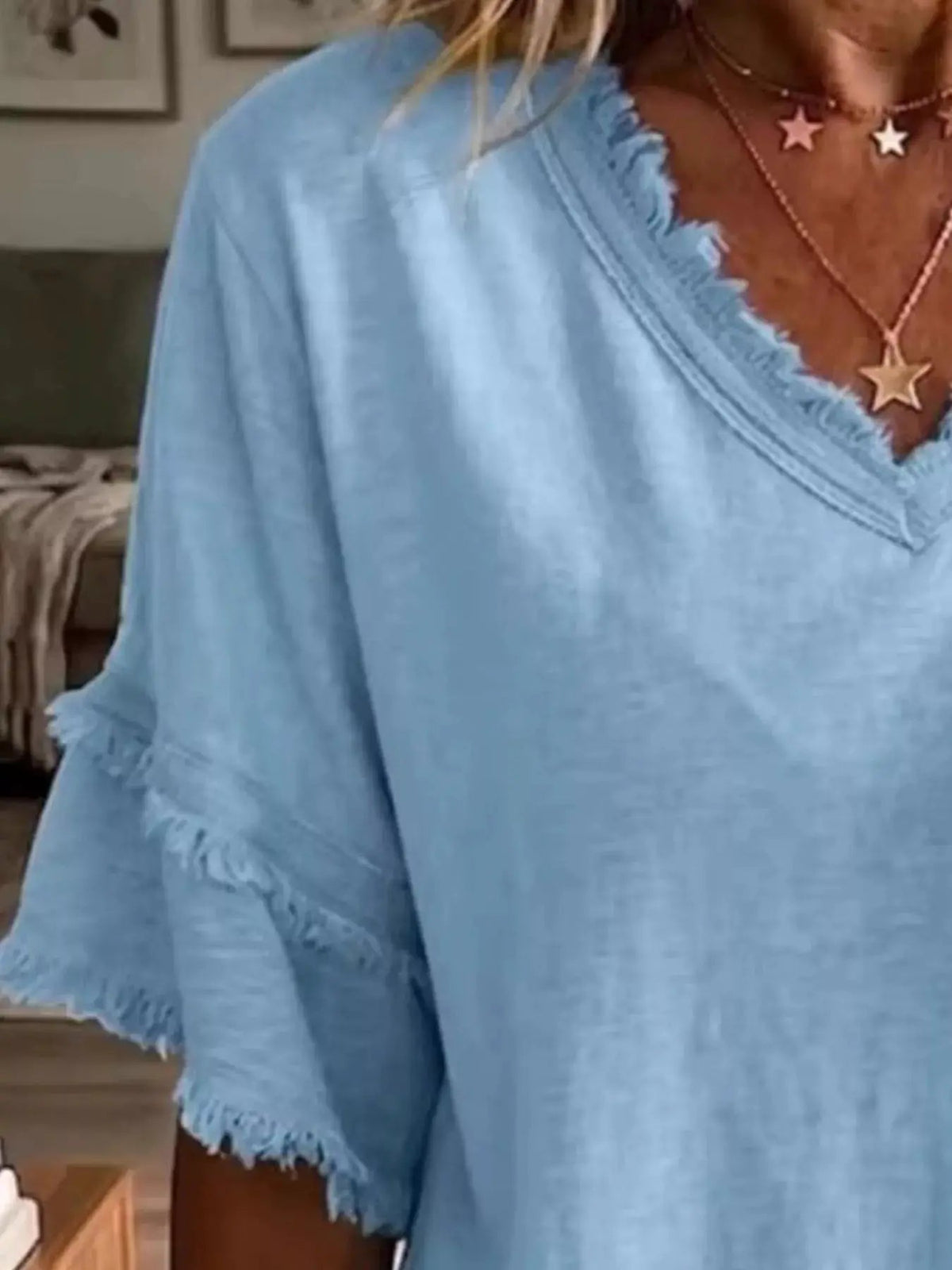 Full Size Frayed Edge V-Neck Blouse Plus Size - Bitsy Gypsy Boutique