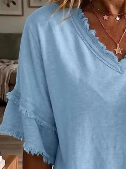 Full Size Frayed Edge V-Neck Blouse Plus Size - Bitsy Gypsy Boutique
