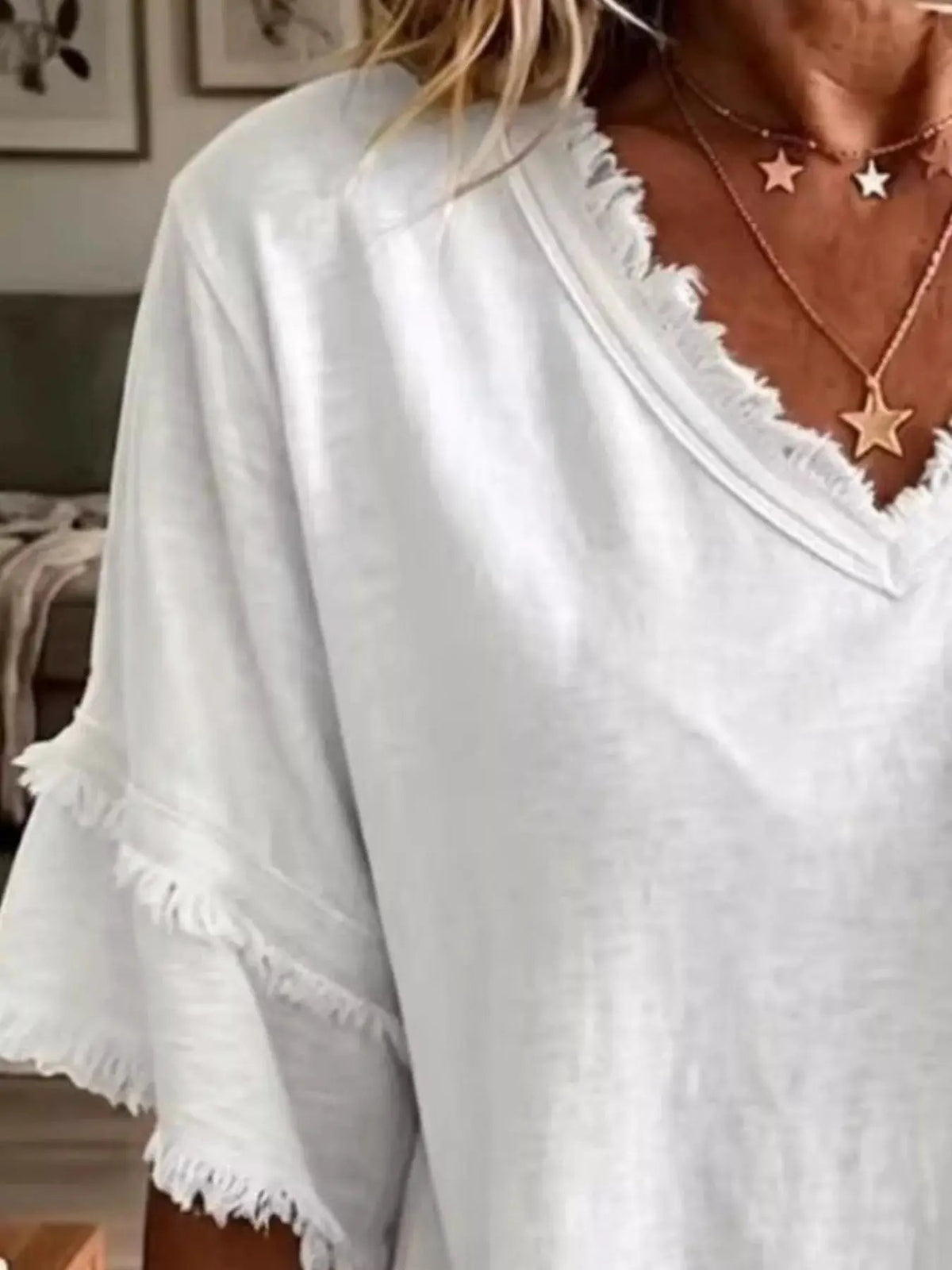 Full Size Frayed Edge V-Neck Blouse Plus Size - Bitsy Gypsy Boutique
