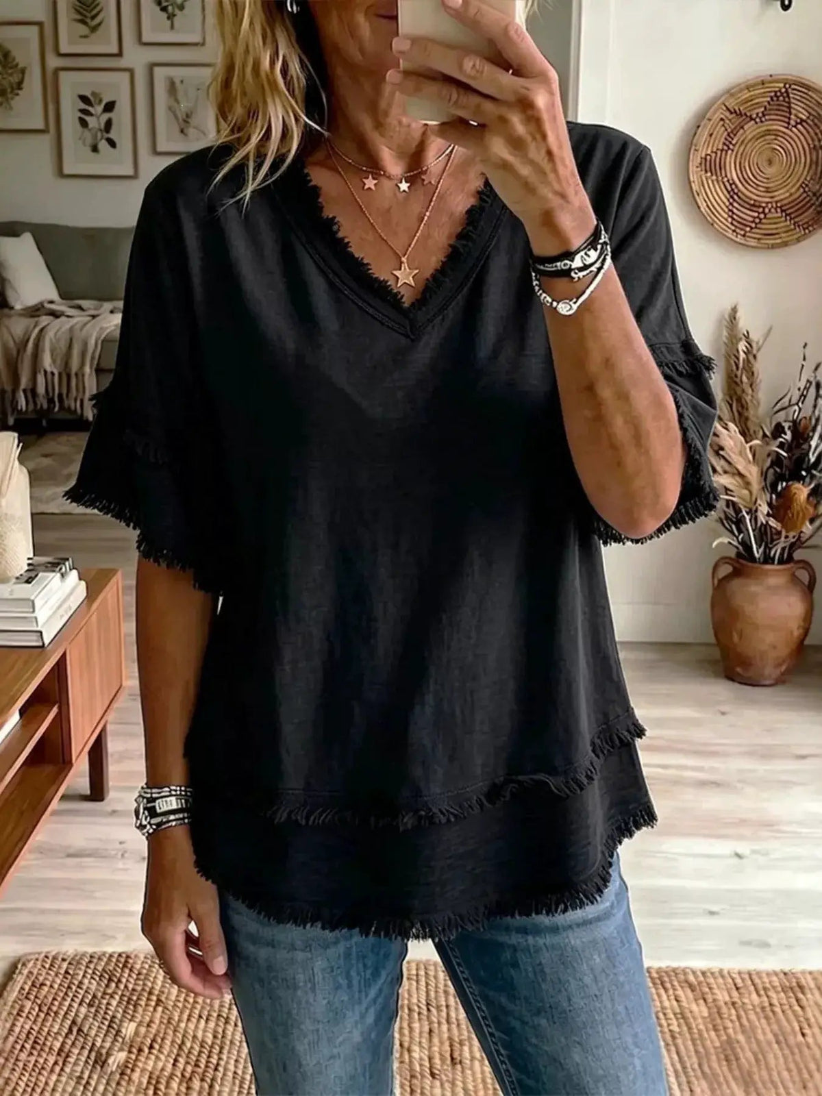 Full Size Frayed Edge V-Neck Blouse Plus Size - Bitsy Gypsy Boutique