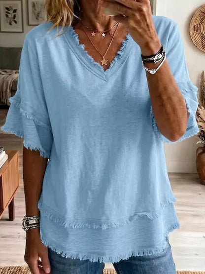 Full Size Frayed Edge V-Neck Blouse Plus Size - Bitsy Gypsy Boutique