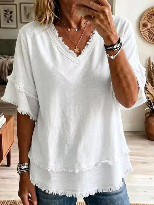 Full Size Frayed Edge V-Neck Blouse Plus Size - Bitsy Gypsy Boutique