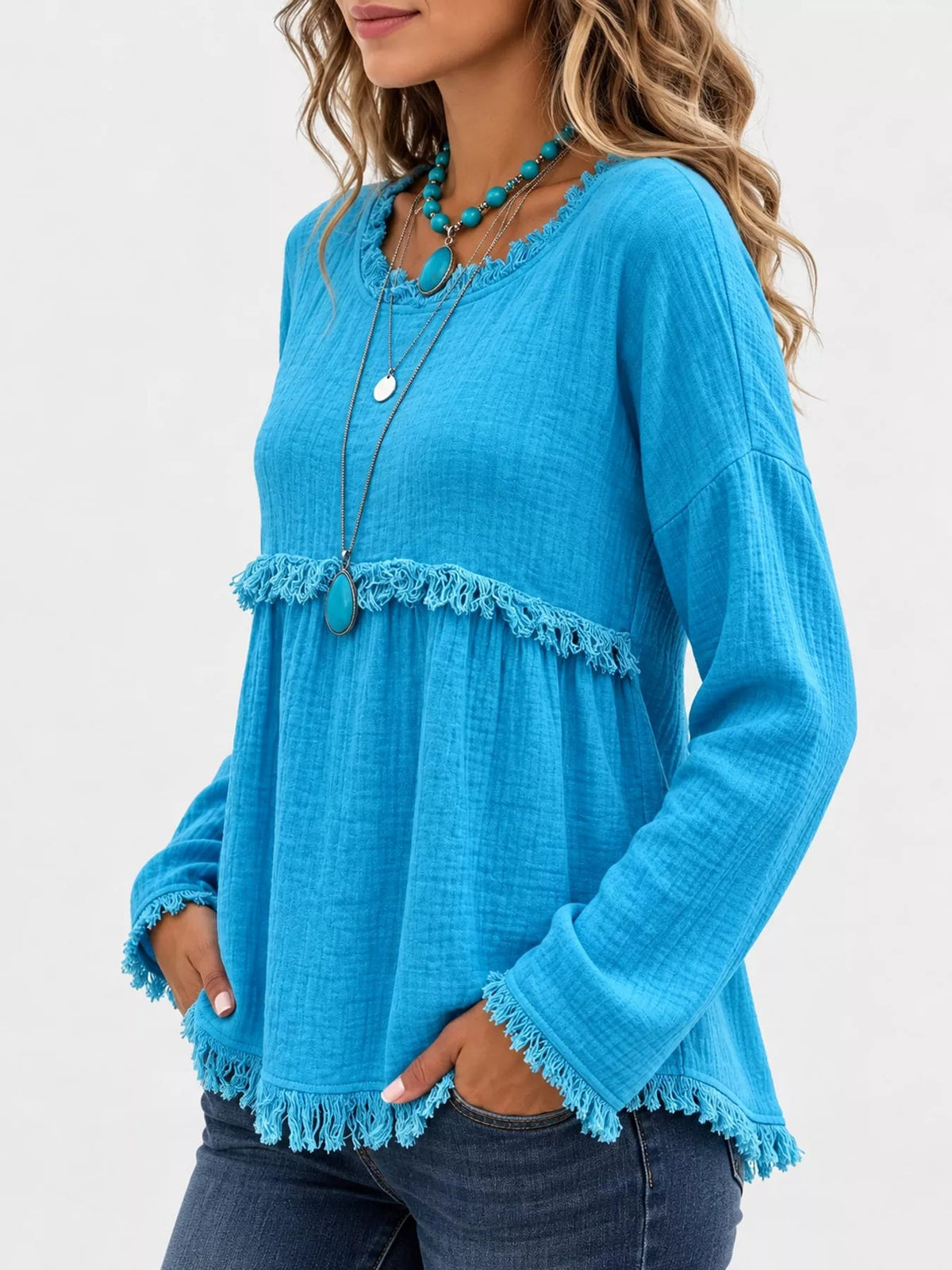 Full Size Frayed Hem Textured Blouse Plus Size - Bitsy Gypsy Boutique