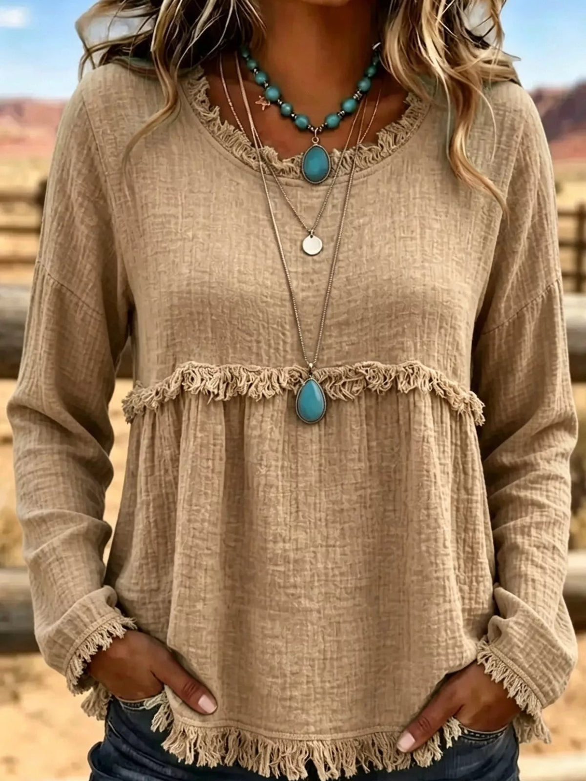 Full Size Frayed Hem Textured Blouse Plus Size - Bitsy Gypsy Boutique