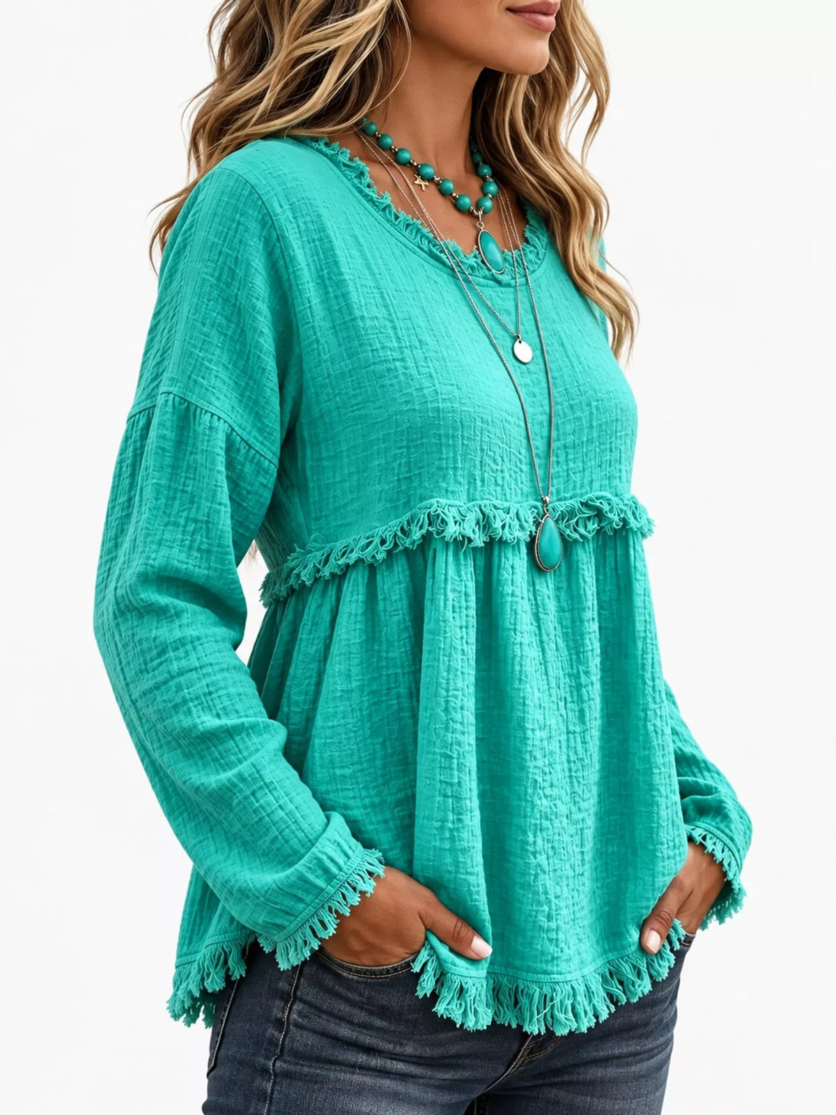 Full Size Frayed Hem Textured Blouse Plus Size - Bitsy Gypsy Boutique