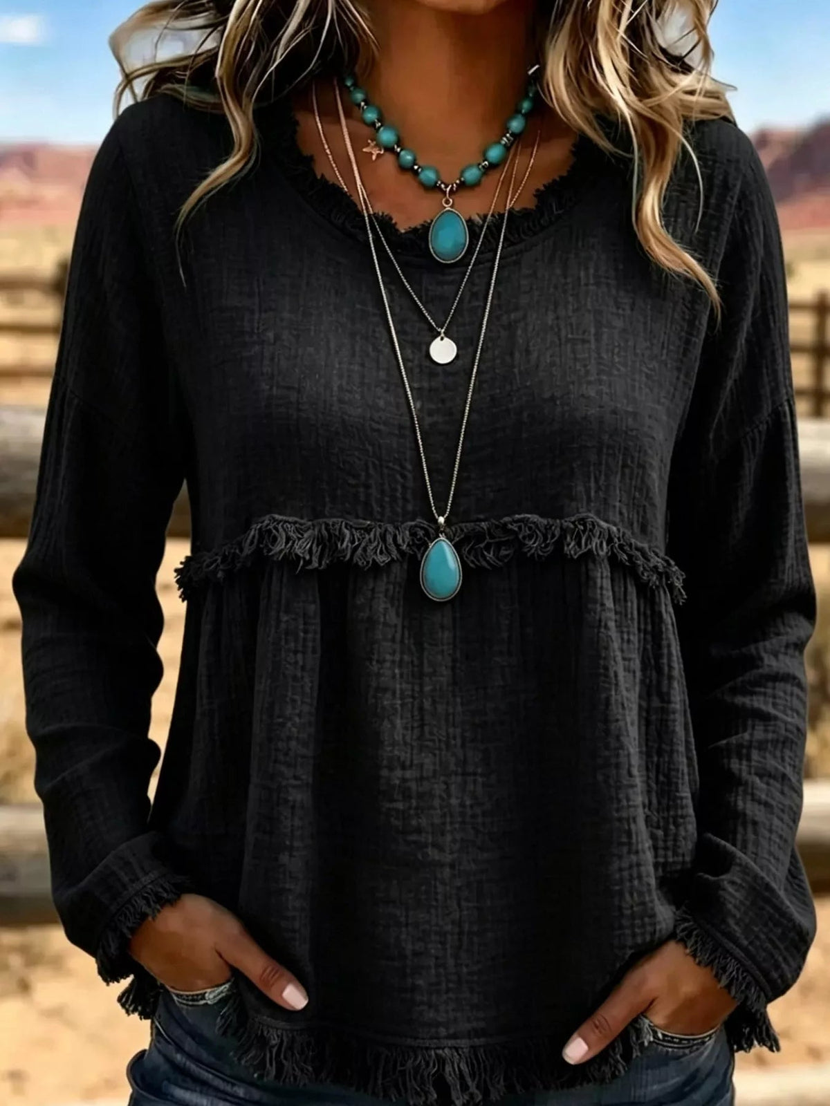 Full Size Frayed Hem Textured Blouse Plus Size - Bitsy Gypsy Boutique