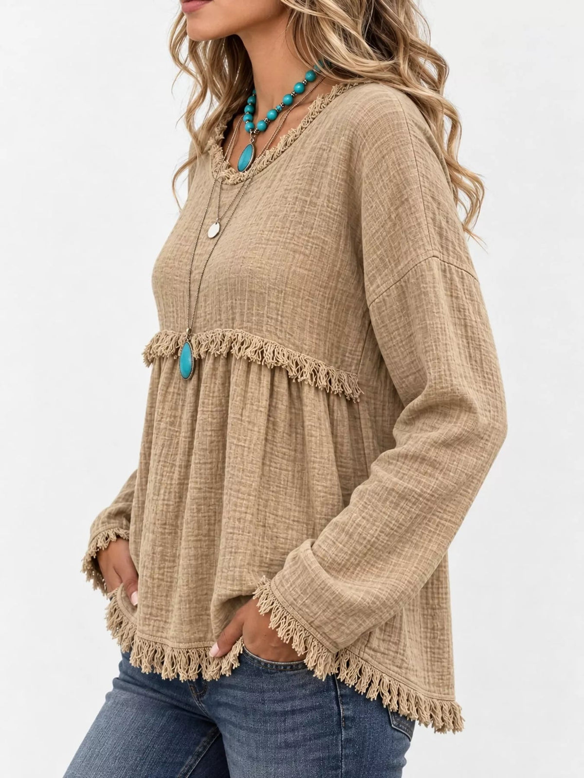 Full Size Frayed Hem Textured Blouse Plus Size - Bitsy Gypsy Boutique