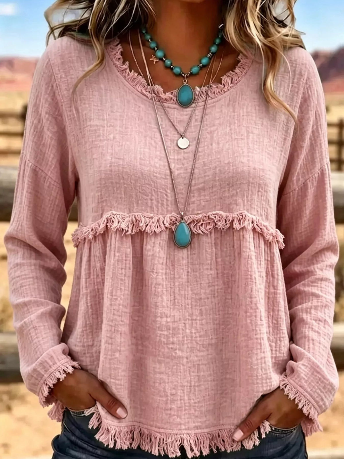 Full Size Frayed Hem Textured Blouse Plus Size - Bitsy Gypsy Boutique