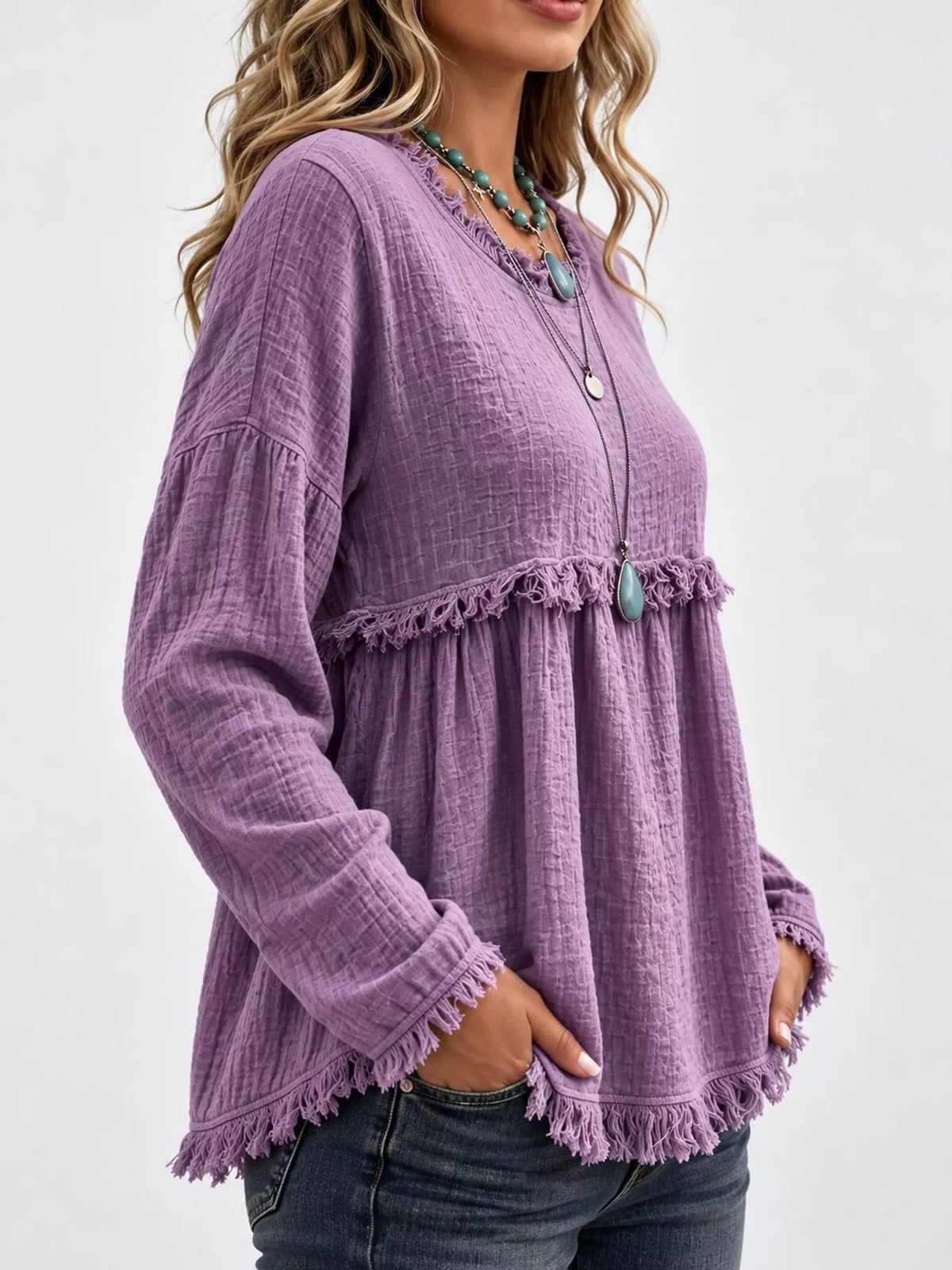 Full Size Frayed Hem Textured Blouse Plus Size - Bitsy Gypsy Boutique