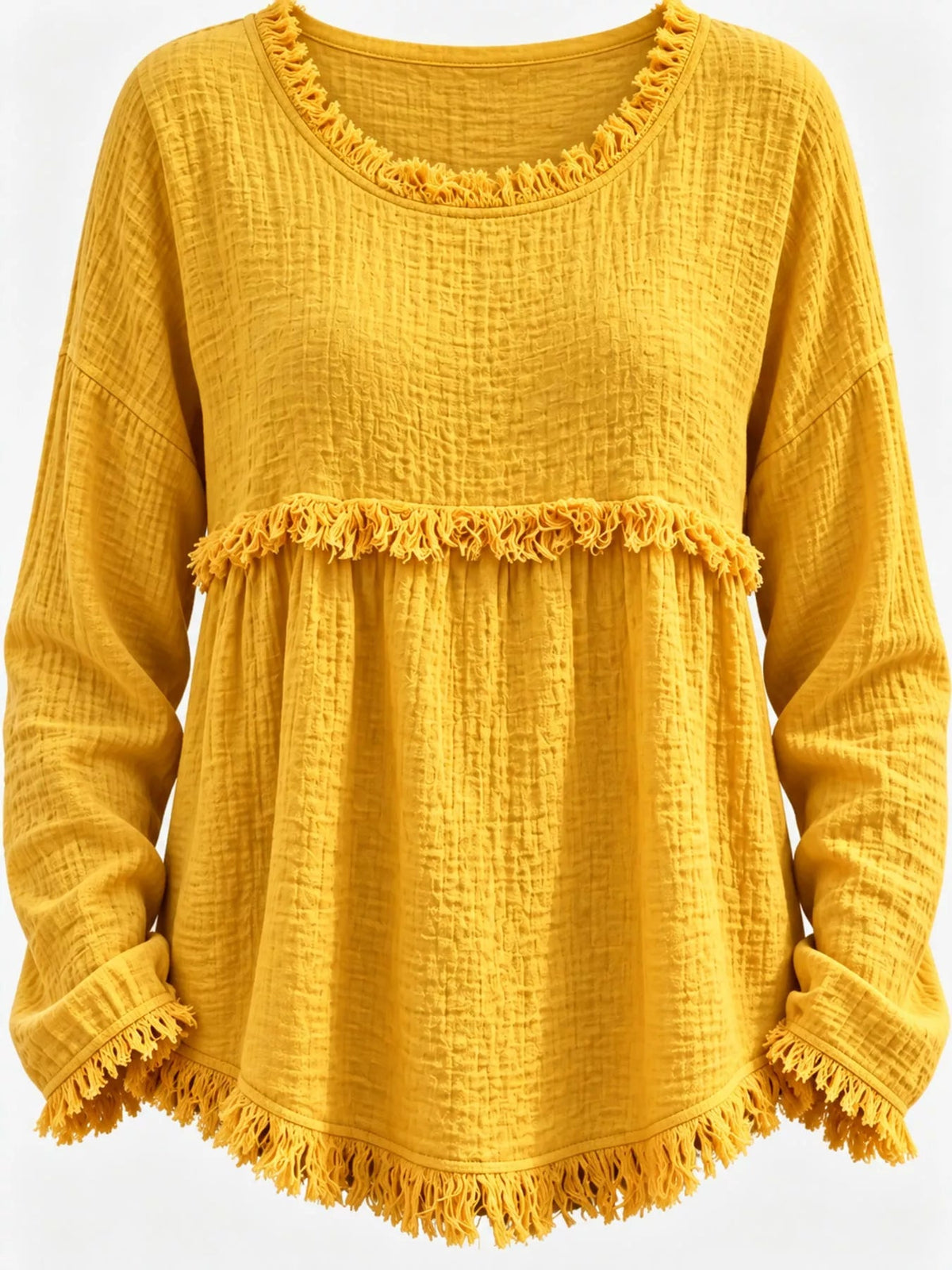 Full Size Frayed Hem Textured Blouse Plus Size - Bitsy Gypsy Boutique