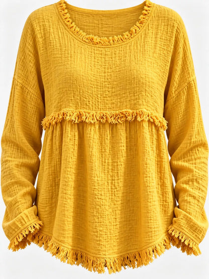 Full Size Frayed Hem Textured Blouse Plus Size - Bitsy Gypsy Boutique
