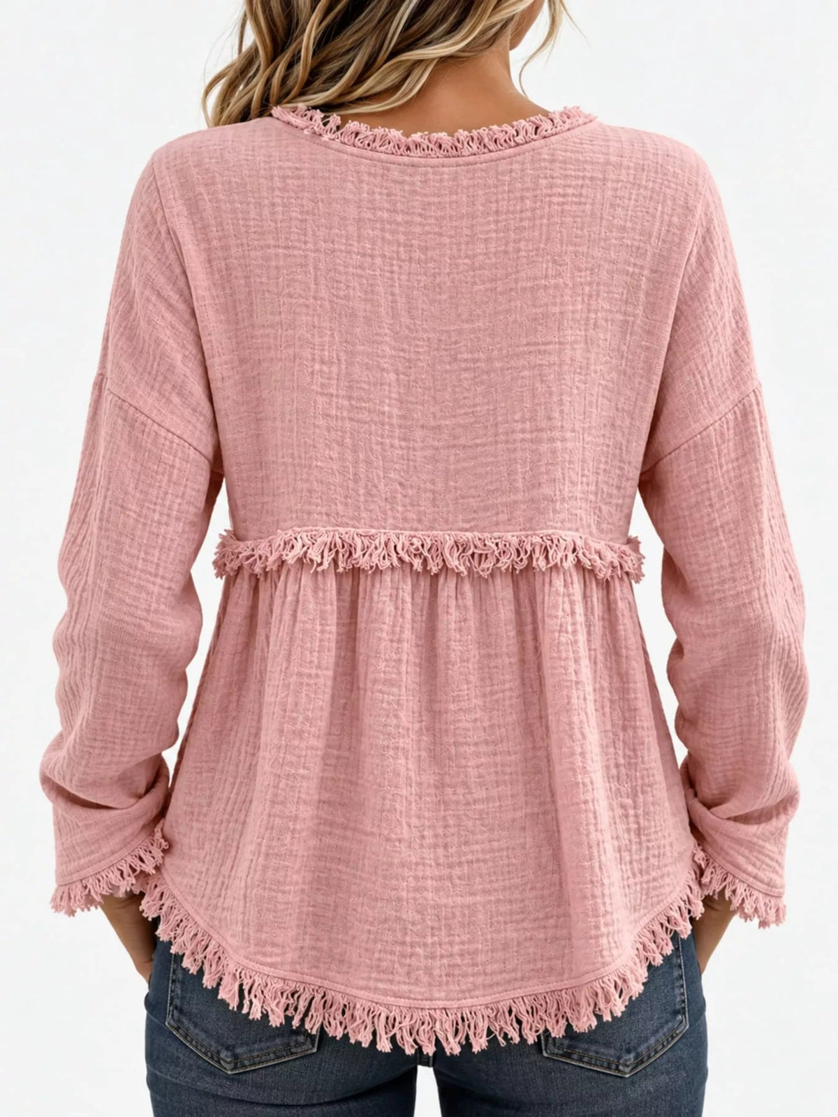 Full Size Frayed Hem Textured Blouse Plus Size - Bitsy Gypsy Boutique