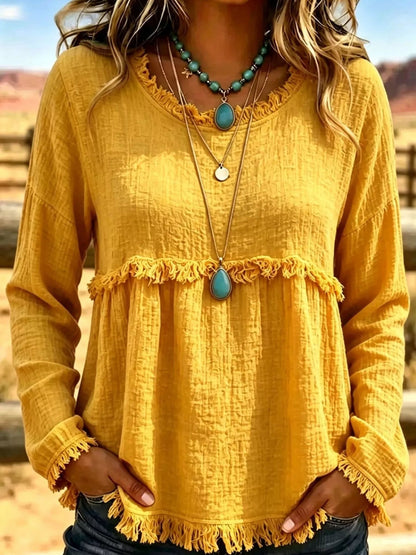 Full Size Frayed Hem Textured Blouse Plus Size - Bitsy Gypsy Boutique
