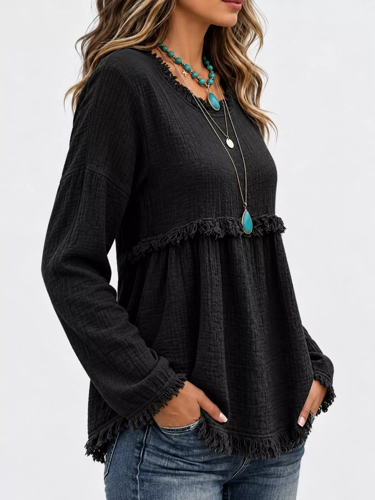Full Size Frayed Hem Textured Blouse Plus Size - Bitsy Gypsy Boutique