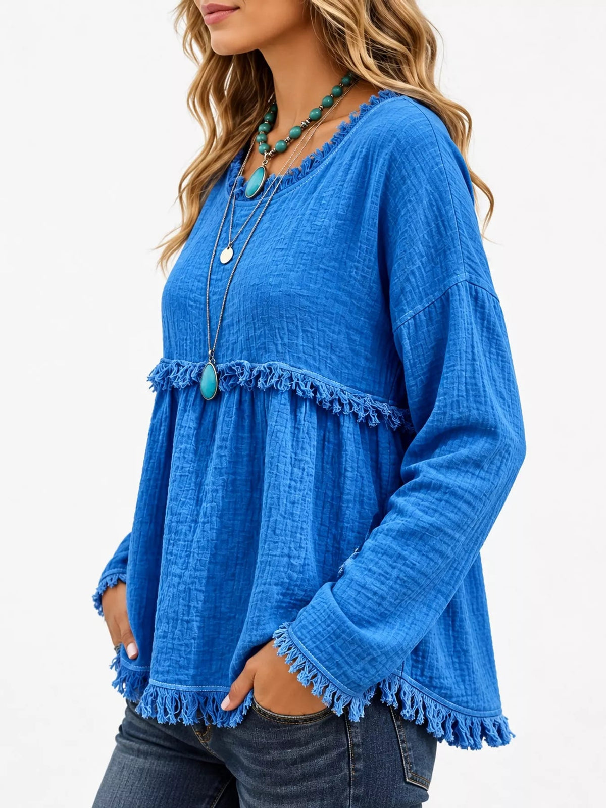 Full Size Frayed Hem Textured Blouse Plus Size - Bitsy Gypsy Boutique