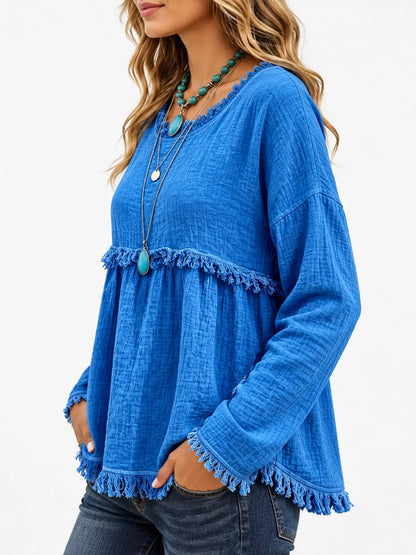 Full Size Frayed Hem Textured Blouse Plus Size - Bitsy Gypsy Boutique